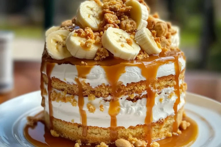 Delicious Banana Cheesecake Cake topped with fresh bananas and a crumbly crust