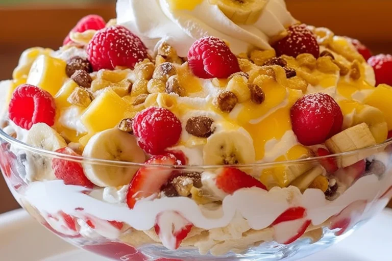 Delicious Banana Split Fluff dessert with layers of bananas, whipped cream, and toppings.