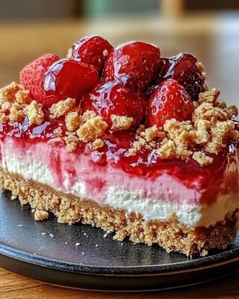 Berrylicious Strawberry Crunch Cheesecake topped with fresh strawberries and crunchy crust.