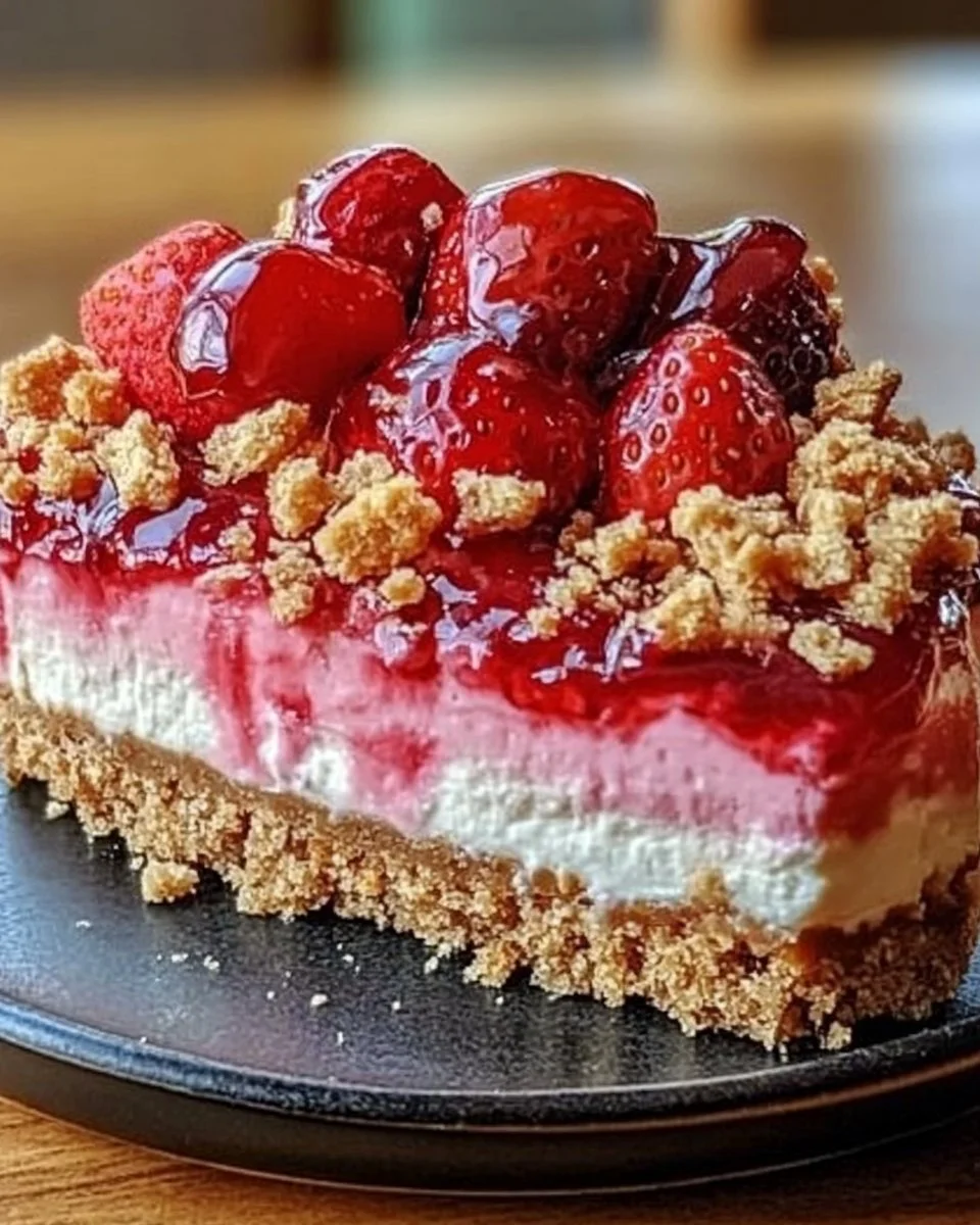 Berrylicious Strawberry Crunch Cheesecake topped with fresh strawberries and crunchy crust.