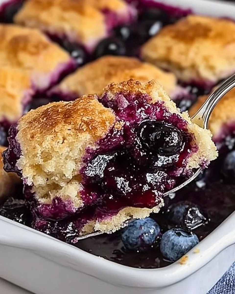 Delicious blueberry cobbler served warm with vanilla ice cream