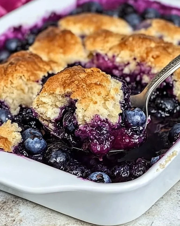 Freshly baked blueberry cobbler with golden topping and blueberries