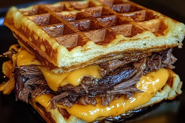 Delicious Bourbon-Maple Brisket Grilled Cheese Wafflewich served on a plate