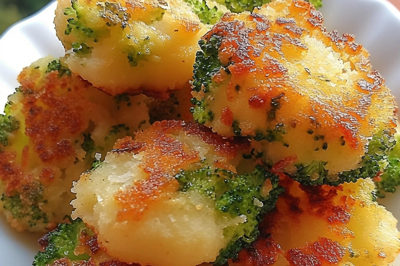 Plate of crispy Broccoli Tater Tots served with dipping sauce