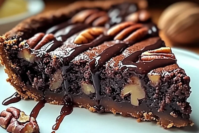 Delicious slice of Brownie Pecan Pie with chocolate and pecans