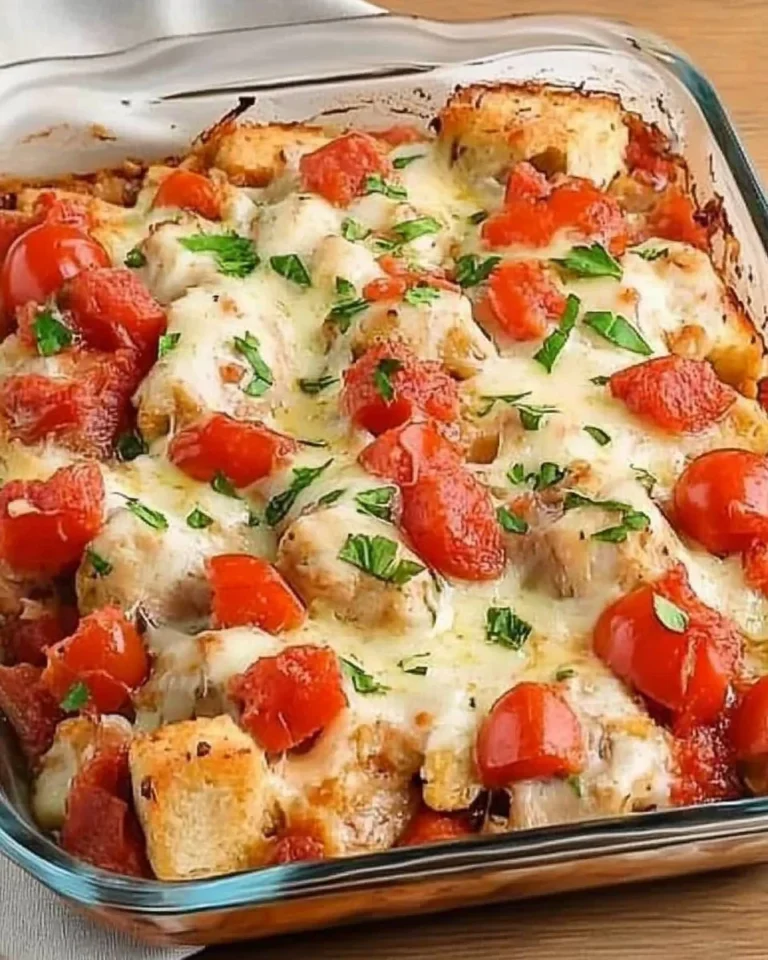 Delicious Bruschetta Chicken Bake topped with fresh tomatoes and basil