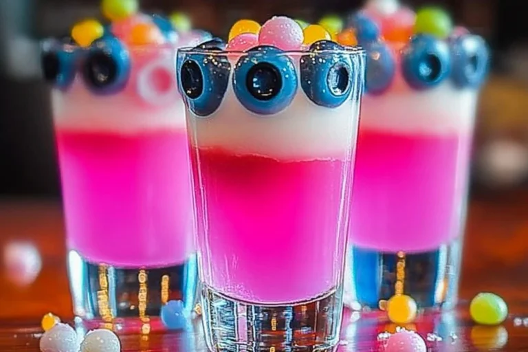Colorful Bubblegum Shots served in glasses with playful garnishes
