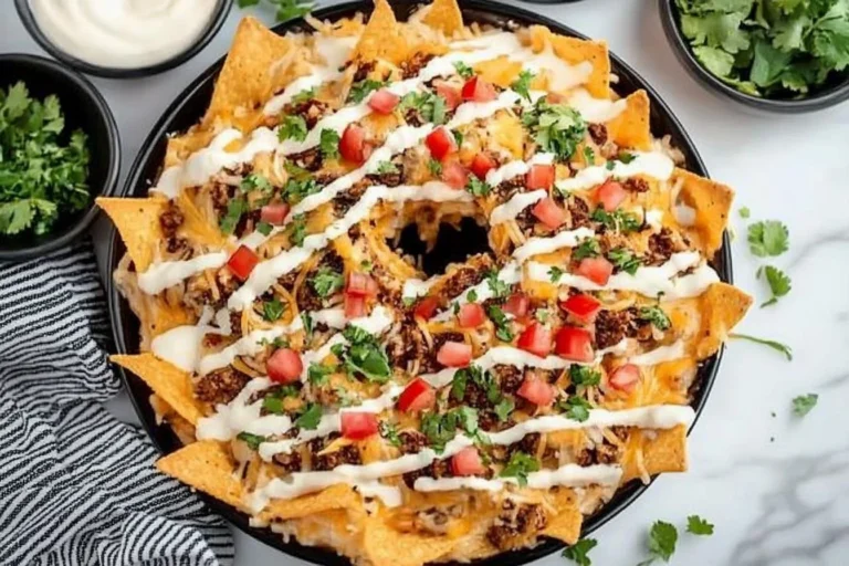 Delicious Bundt Pan Nachos topped with cheese and toppings ready to serve.