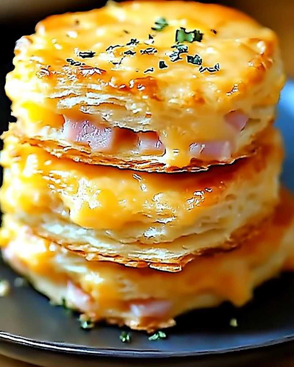 Delicious Cheddar and Ham Biscuits served on a plate, perfect for breakfast.