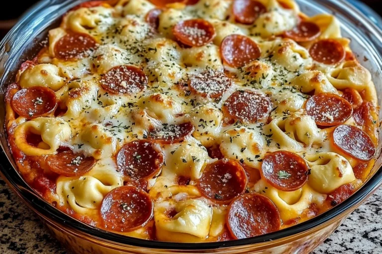 Cheese Tortellini Pepperoni Pizza Casserole baked to perfection