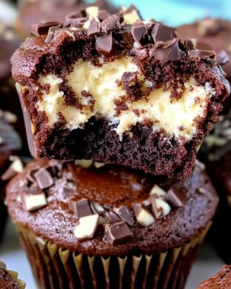 Cheesecake stuffed chocolate muffins topped with chocolate drizzle