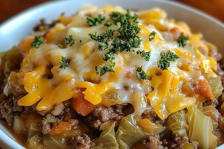 Delicious cheesy cabbage beef casserole served in a baking dish