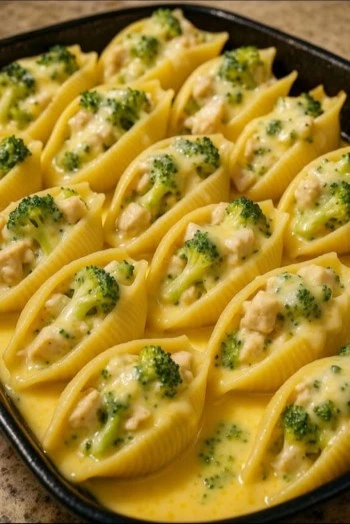 Cheesy chicken broccoli stuffed shells topped with melted cheese