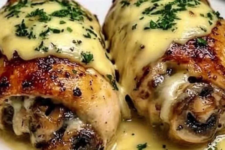 Cheesy garlic butter mushroom stuffed chicken on a plate garnished with herbs.
