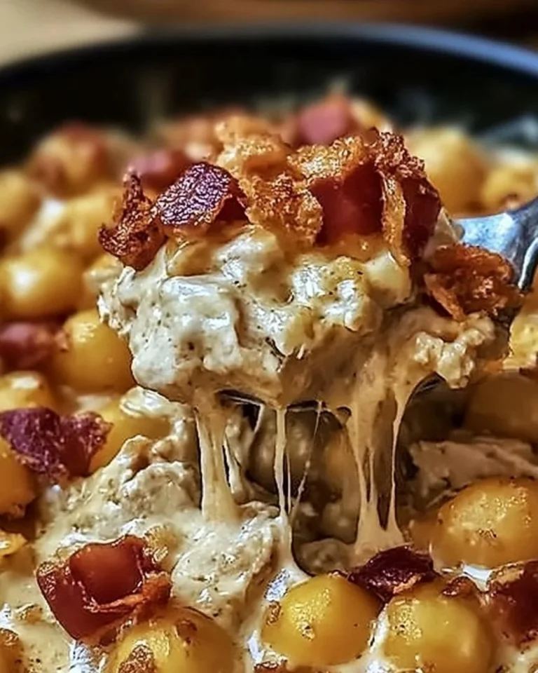 Delicious Chicken Bacon Crunch Casserole topped with crispy bacon and herbs.