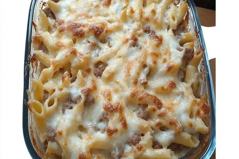 Delicious Chicken Beef Ranch Pasta Bake in a baking dish, ready to serve.