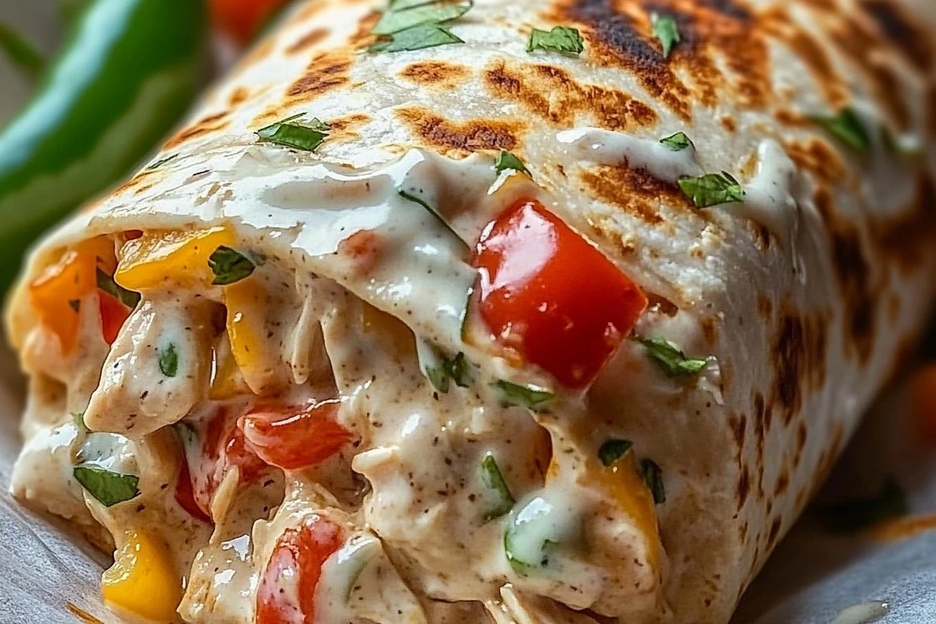 Delicious Chicken Bell Pepper Ranch Burritos wrapped in a colorful tortilla