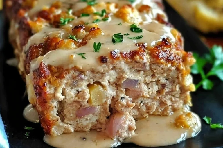 Chicken Cordon Bleu Meatloaf with ham and cheese filling on a plate