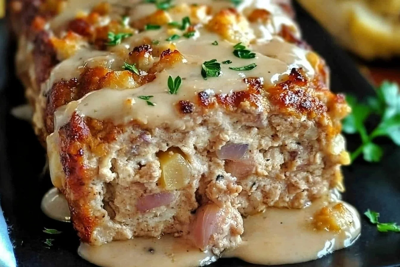 Chicken Cordon Bleu Meatloaf with ham and cheese filling on a plate