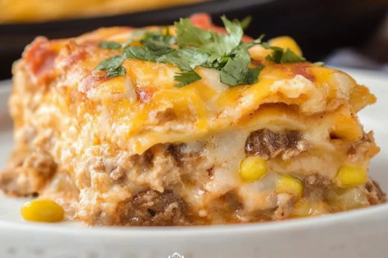 Chicken Enchilada Casserole topped with cheese and fresh herbs