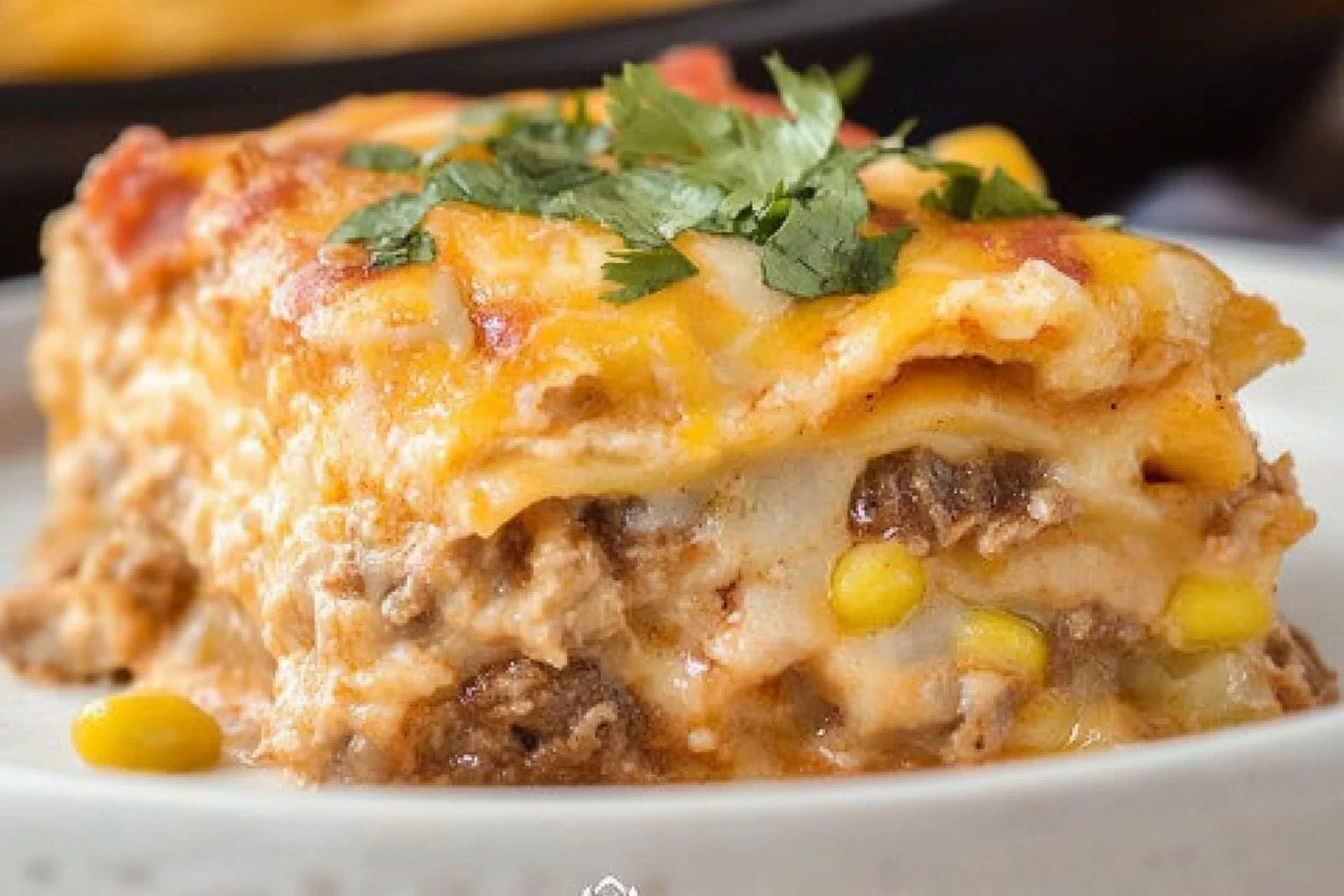 Chicken Enchilada Casserole topped with cheese and fresh herbs