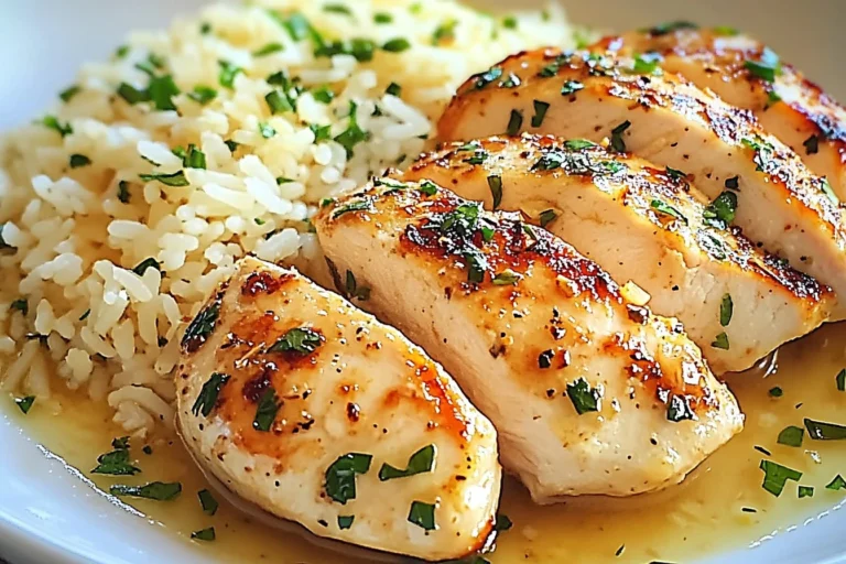Delicious Chicken Scampi served with Garlic Parmesan Rice on a plate