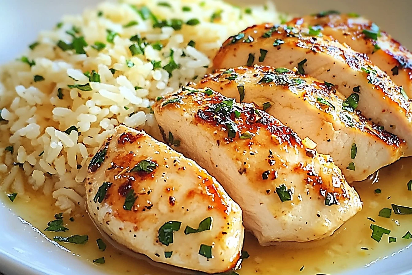 Delicious Chicken Scampi served with Garlic Parmesan Rice on a plate