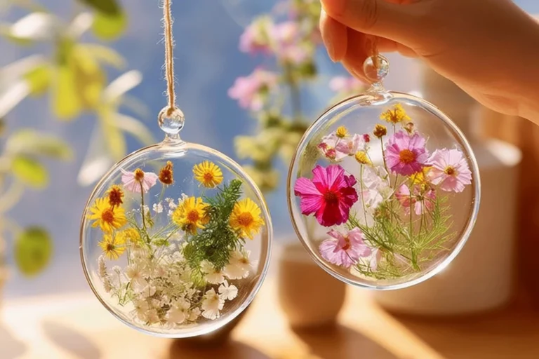 Clear glue flower suncatcher decorating a window with colorful flowers