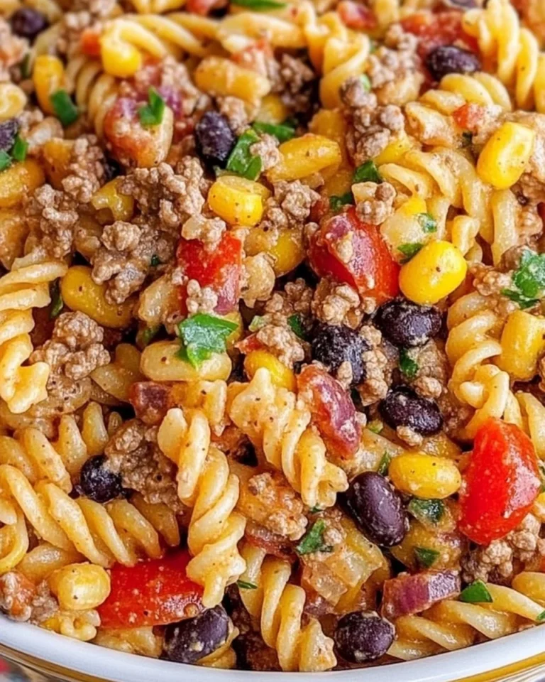 Delicious Cowboy Pasta Salad with vibrant vegetables and dressing