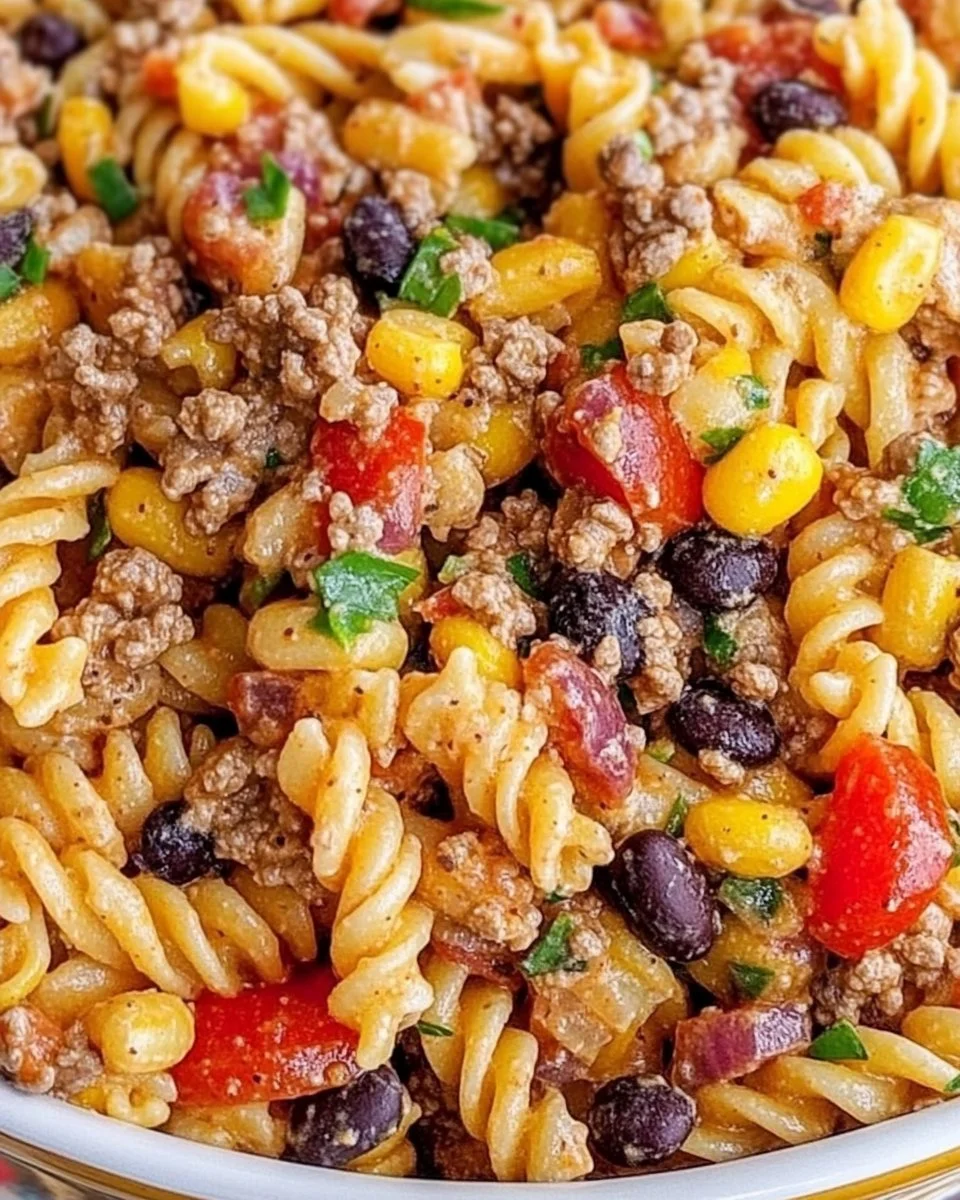 Delicious Cowboy Pasta Salad with vibrant vegetables and dressing