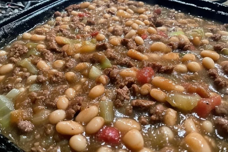 Delicious cowboy style baked beans served in a rustic bowl