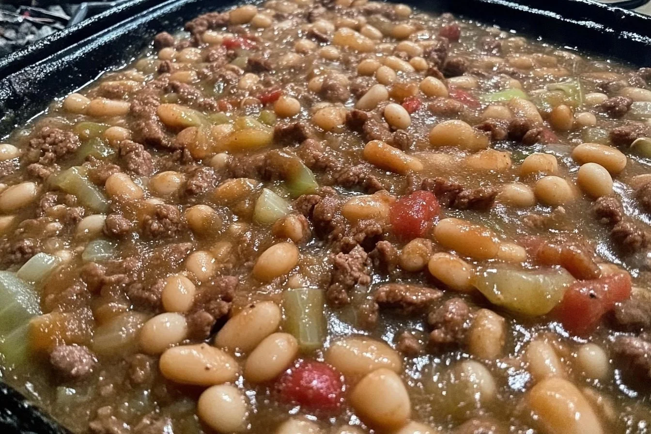 Delicious cowboy style baked beans served in a rustic bowl