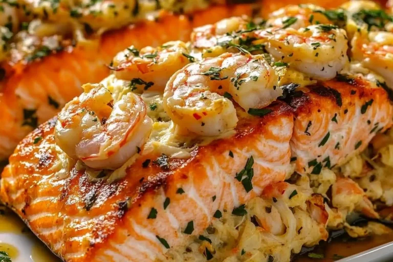 Crab and shrimp stuffed salmon dish plated with garnish