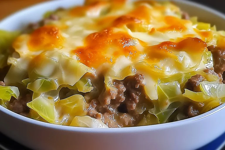 Creamed cabbage and ground beef casserole served in a baking dish