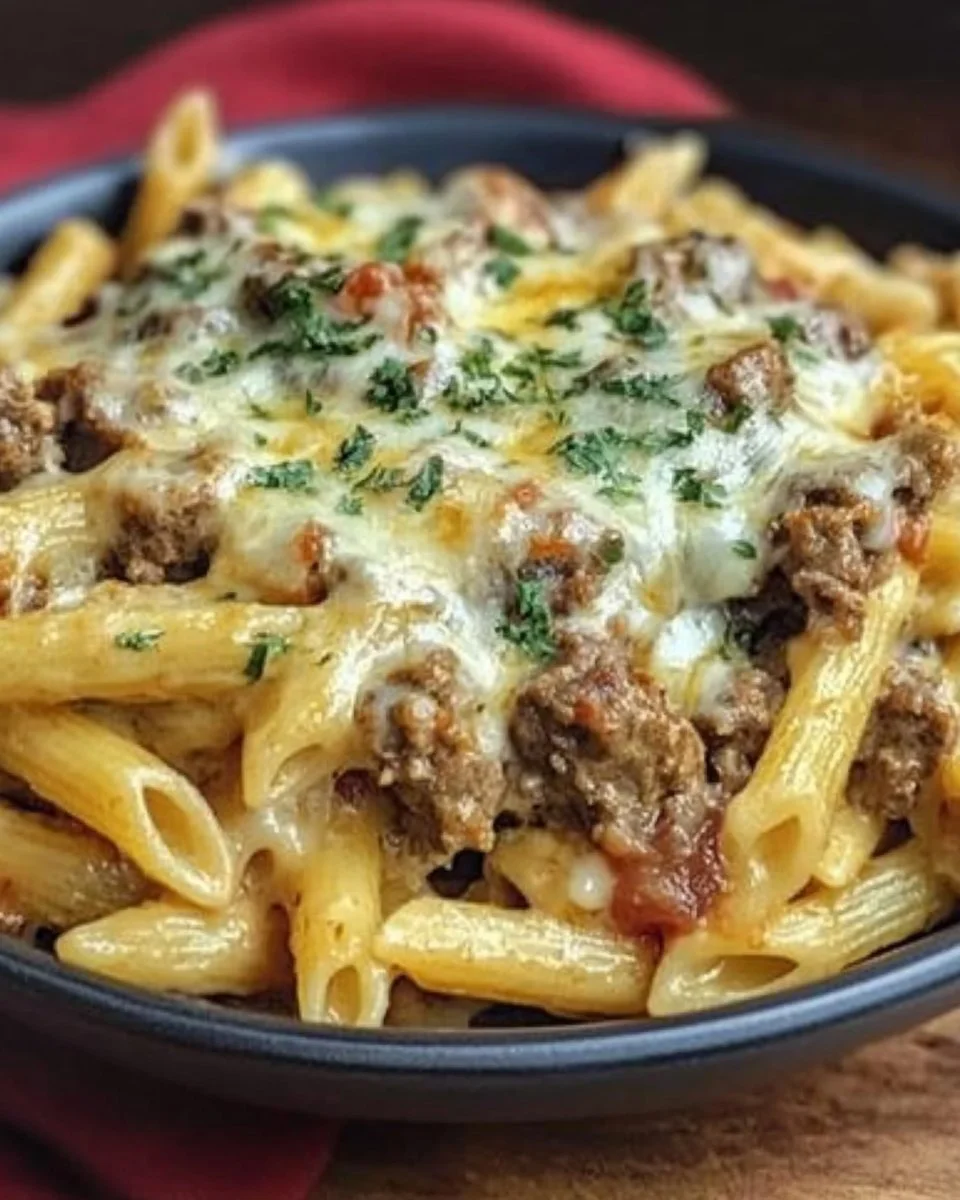Creamy beef penne pasta in a bowl, garnished with herbs and cheese.