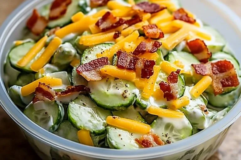 Creamy cucumber snack bowl with cheddar cheese and bacon toppings