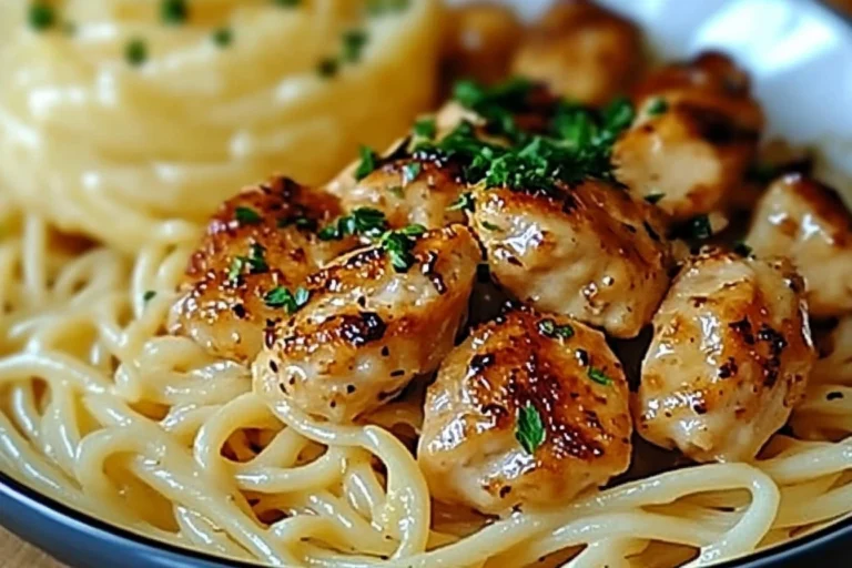 Creamy garlic chicken pasta dish garnished with herbs