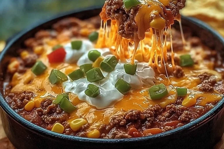 Delicious creamy taco casserole served in a baking dish with toppings