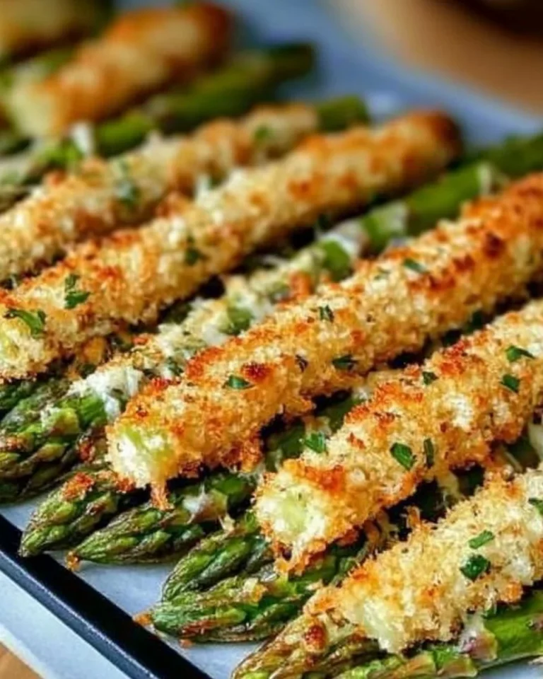 Crispy Parmesan asparagus sticks on a plate, garnished with herbs.
