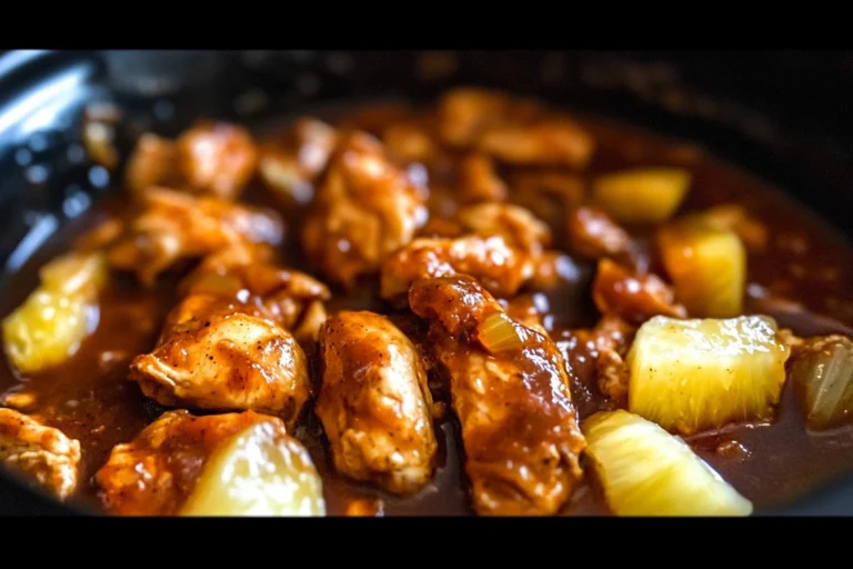 Crockpot Pineapple BBQ Chicken served on a plate with fresh herbs.
