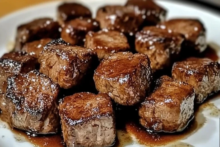 Delicious crockpot steak bites served on a plate with garnish