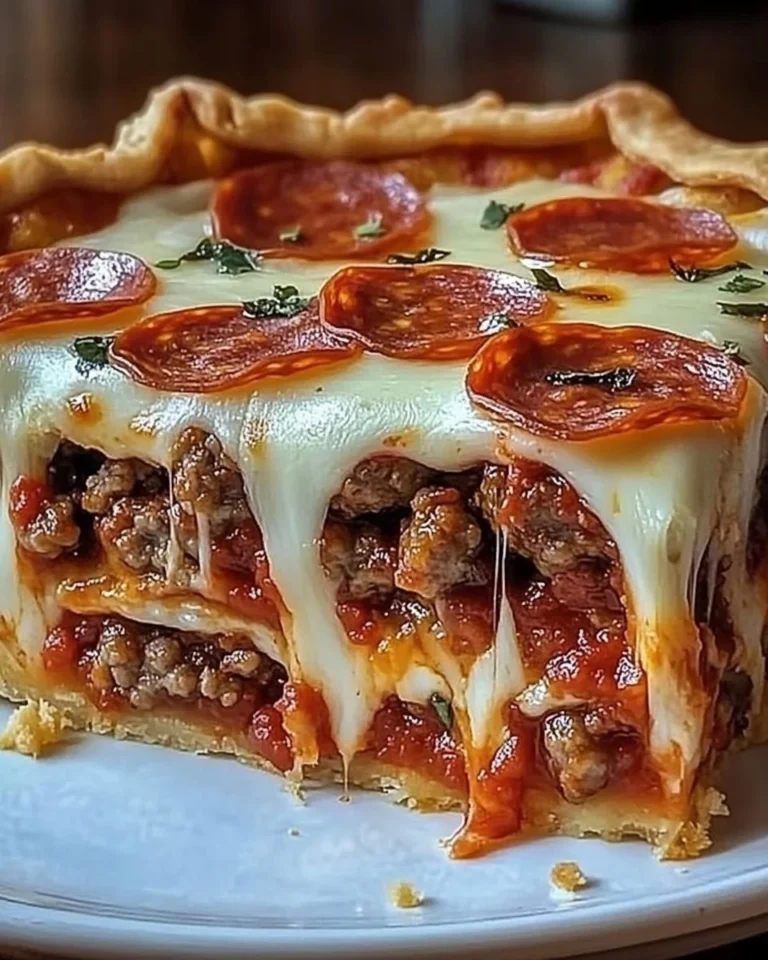 Deep hamburger sausage pepperoni pie with a golden crust and savory filling