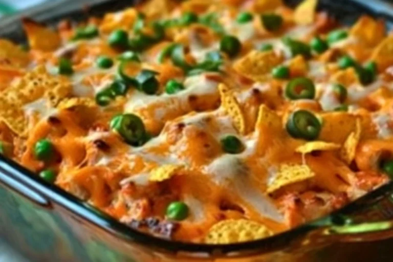 Delicious Dorito Chicken Casserole topped with crunchy Doritos and melted cheese.