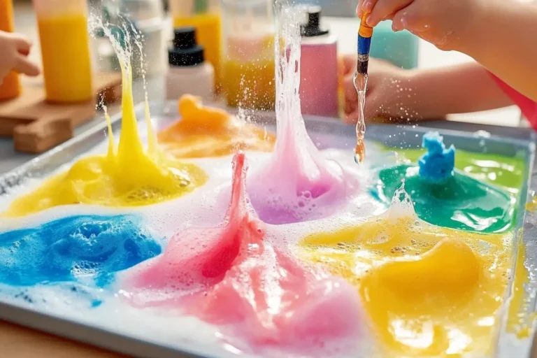 Children enjoying fizzy painting activity in colorful designs.