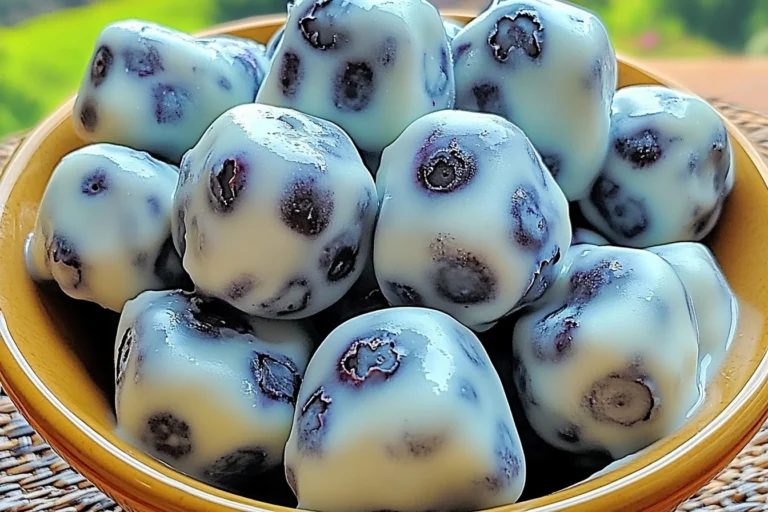 Frozen yogurt-dipped blueberries on a plate