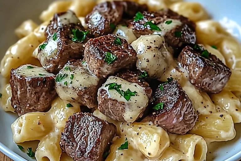 Garlic Butter Steak with Creamy Parmesan Pasta served on a plate