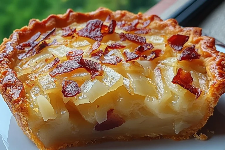 Slice of German onion pie on a plate garnished with herbs