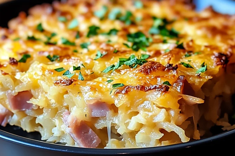 Delicious ham and cheese hash brown casserole fresh out of the oven.