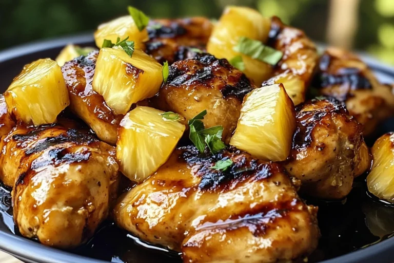 Honey pineapple grilled chicken served on a plate with fresh herbs