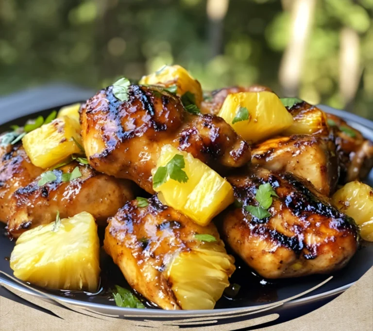 Honey pineapple grilled chicken served with vibrant garnishes.